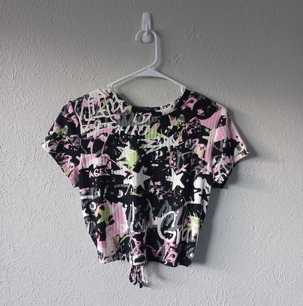 Love Streak Graffiti Print Crop Open Back Crop Top